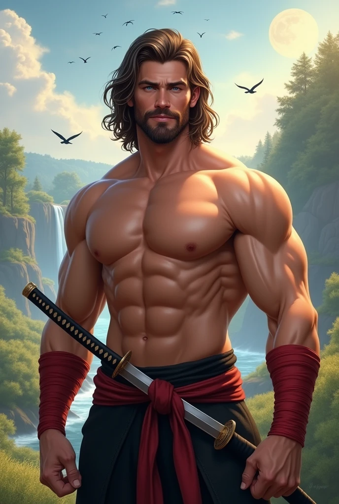 Realistic Digital Art Style -- Strong Man -- No Shirt -- Aura of Strength, charisma and confidence -- Smiling beautifully, smile -- Handsome face -- Light blue eyes -- Long wavy brown hair -- Short beard -- Black Samurai pants -- Red sash tied around the waist -- Red bandages on the wrists -- Pose of hero and superiority -- Katana on the waist -- Background scenery is a beautiful plain with sun, Trees, waterfall and orange sky, extremely detaild, soft ambient lighting, 4K, perfects eyes, a perfect face, perfect lighting, the 1 girl)), context: The man is confident and smiling happily, light blue eye, strong and determined, is alone in this environment. detaileds: The sun is shining brightly, waves are gently lapping in the background, and birds are flying in the clear blue sky. ))
