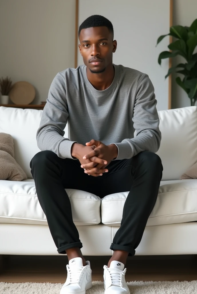 best qualityer:1.4), (ultra high resolution:1.2), (photorrealistic:1.4), (8k, CRU photo:1.2), a thin young man of 20 years old, skin black, with a smooth, beardless face, buzzcut haircut short on sides and top, is wearing black jeans. Gray long sleeve shirt. white Nike sneakers. He is sitting on a white sofa in a living room. Buzzcut haircut with a little volume on top 