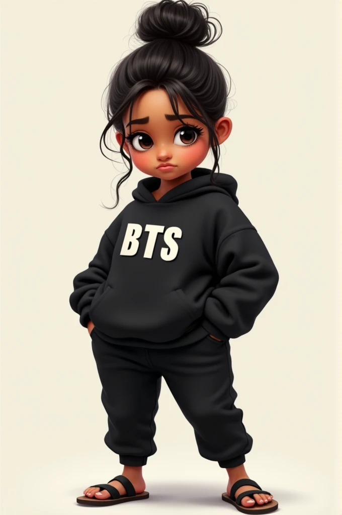 The person has dark skin, rounded face and looks uncomfortable. She wears a high bun, black sweatshirt "BTS", black pants and sandals. Your look is casual and relaxed.