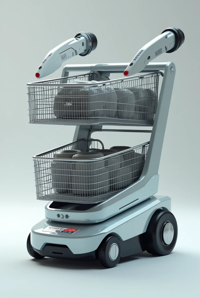 Double-decker shopping cart with a small screen, two claws that grabs the products you put on the screen and bags the products