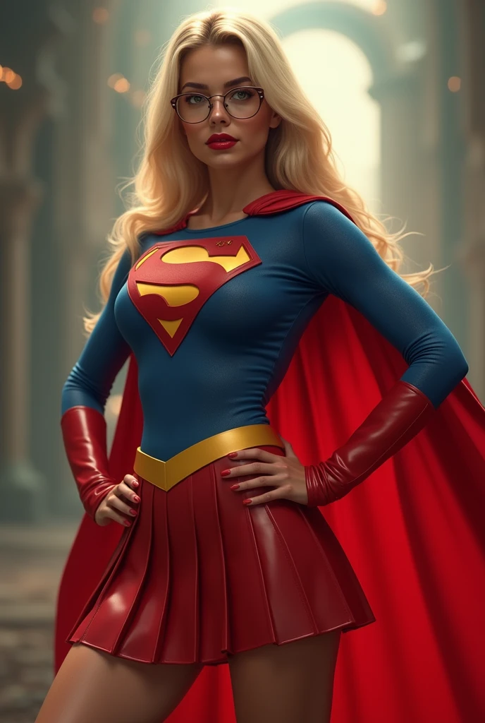 A SEXY AND BUSTY FEMALE WITH FRECKLES, BLONDE SILKY SMOOTH HAIR, AND SEXY GLASSES WEARING A SPANDEX 1984 BLUE SUPERGIRL COSTUME COMEPLETE WITH A LONG READ PLEATED SKIRT WITH A YELLOW SUPERGIRL BELT, A PAIR OF RED HEELED BOOTS WITH YELLOW TRIM, AND A LONG FLOWING RED CAPE WITH THE GOLD "S" EMBLEM. RED LIPSTICK, RED FINGERNAILS. INCREDIBLY DETAILED GLOWING SKIN, INCREDIBLEY DETAILED FACE, INCREDIDBLEY DETAILED CLOTHING, TEXTURED SKIN PORES, TEXTURED HAIR, 8K ABSURD RESOLUTION, MASTERPIECE. PHOTO REALSITIC, HYPER REALISTIC. MYSTICAL BACKGROUND. 16K RESOLUTION. PREFESSIONAL GRADE IMAGE.
