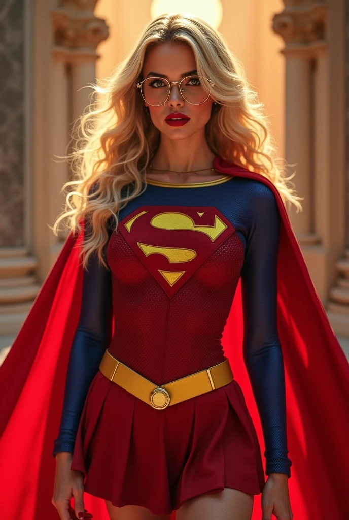 A SEXY AND BUSTY FEMALE WITH FRECKLES, BLONDE SILKY SMOOTH HAIR, AND SEXY GLASSES WEARING A SPANDEX 1984 BLUE SUPERGIRL COSTUME COMEPLETE WITH A LONG READ PLEATED SKIRT WITH A YELLOW SUPERGIRL BELT, A PAIR OF RED HEELED BOOTS WITH YELLOW TRIM, AND A LONG FLOWING RED CAPE WITH THE GOLD "S" EMBLEM. RED LIPSTICK, RED FINGERNAILS. INCREDIBLY DETAILED GLOWING SKIN, INCREDIBLEY DETAILED FACE, INCREDIDBLEY DETAILED CLOTHING, TEXTURED SKIN PORES, TEXTURED HAIR, 8K ABSURD RESOLUTION, MASTERPIECE. PHOTO REALSITIC, HYPER REALISTIC. MYSTICAL BACKGROUND. 16K RESOLUTION. PREFESSIONAL GRADE IMAGE.