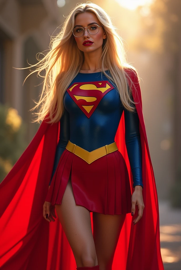 A SEXY AND BUSTY FEMALE WITH FRECKLES, BLONDE SILKY SMOOTH HAIR, AND SEXY GLASSES WEARING A SPANDEX 1984 BLUE SUPERGIRL COSTUME COMEPLETE WITH A LONG READ PLEATED SKIRT WITH A YELLOW SUPERGIRL BELT, A PAIR OF RED HEELED BOOTS WITH YELLOW TRIM, AND A LONG FLOWING RED CAPE WITH THE GOLD "S" EMBLEM. RED LIPSTICK, RED FINGERNAILS. INCREDIBLY DETAILED GLOWING SKIN, INCREDIBLEY DETAILED FACE, INCREDIDBLEY DETAILED CLOTHING, TEXTURED SKIN PORES, TEXTURED HAIR, 8K ABSURD RESOLUTION, MASTERPIECE. PHOTO REALSITIC, HYPER REALISTIC. MYSTICAL BACKGROUND. 16K RESOLUTION. PREFESSIONAL GRADE IMAGE.