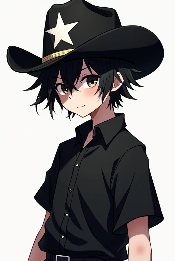 A white-skinned anime-type boy with messy black hair and bangs, with a black cowboy hat, This hat has a white star in the middle, a black shirt and black pants.