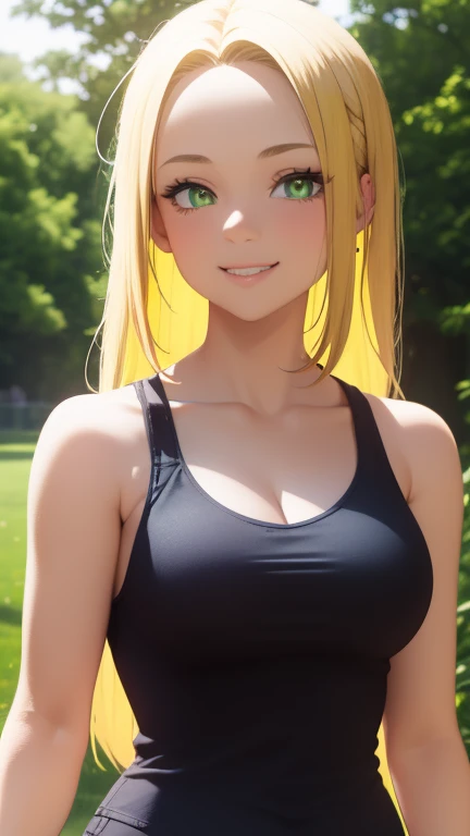 1girl, yellow hair, green eyes, smiling, black tank top, blue jeans, medium breast, looking at vewers, flipped hair, The Retro Hair Flip Trend, masterpiece, 8k, 16, 32k, shiny skin, UHD frekles on her skin, bootcut, cleavage, HDR, 4K, 8K, High quality, Ultra high quality, big forehead, cowboy shot, standing, daytime, park, outdoors, long hair