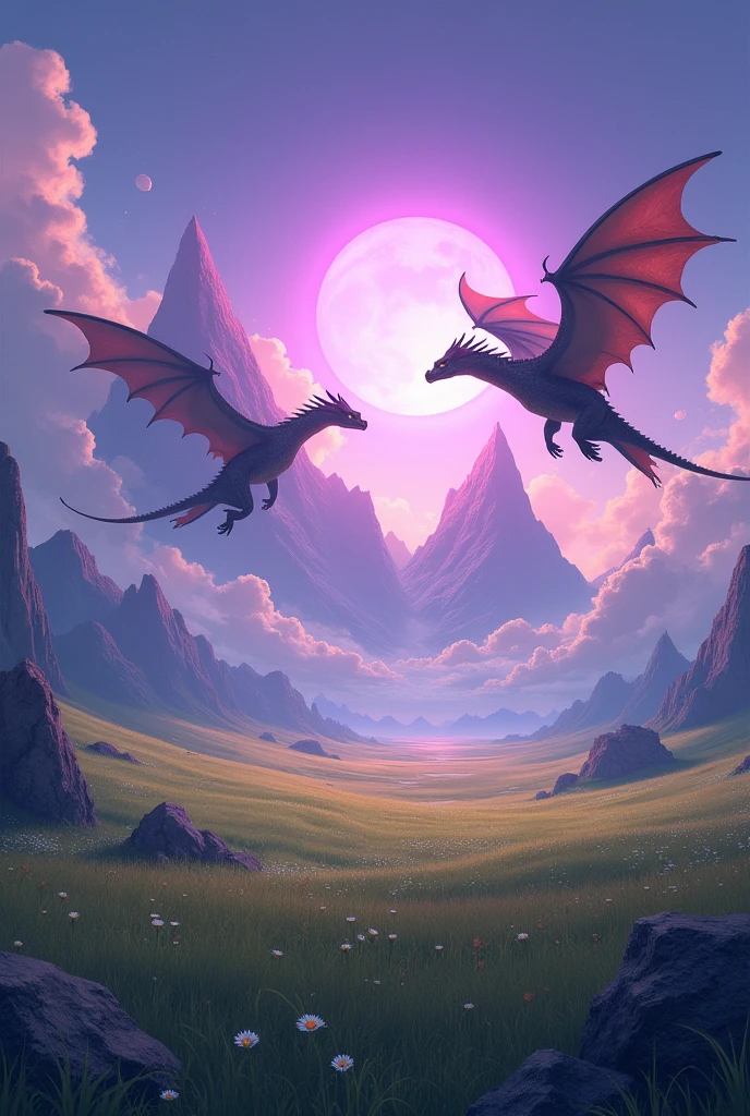 create an image of a gigantic open field looking like a dream, with mountains floating in the air a purple sun and dragons flying in the background