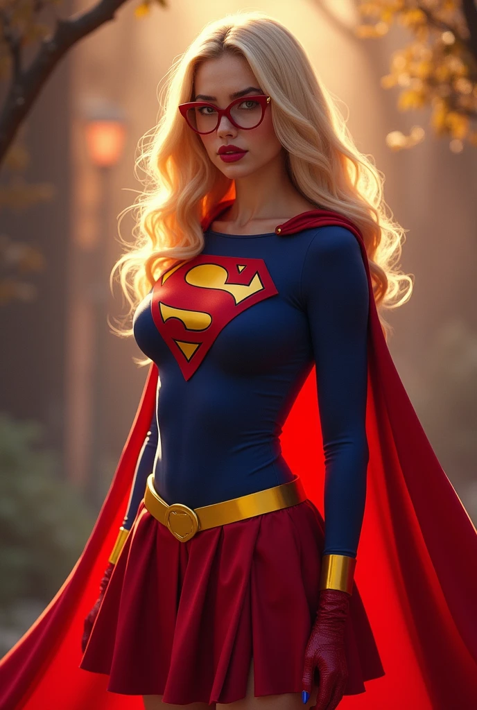 A SEXY AND BUSTY FEMALE WITH FRECKLES, BLONDE SILKY SMOOTH HAIR, AND SEXY GLASSES WEARING A SPANDEX 1984 BLUE SUPERGIRL COSTUME COMEPLETE WITH A LONG READ PLEATED SKIRT WITH A YELLOW SUPERGIRL BELT, A PAIR OF RED HEELED BOOTS WITH YELLOW TRIM, AND A LONG FLOWING RED CAPE WITH THE GOLD "S" EMBLEM. RED LIPSTICK, RED FINGERNAILS. INCREDIBLY DETAILED GLOWING SKIN, INCREDIBLEY DETAILED FACE, INCREDIDBLEY DETAILED CLOTHING, TEXTURED SKIN PORES, TEXTURED HAIR, 8K ABSURD RESOLUTION, MASTERPIECE. PHOTO REALSITIC, HYPER REALISTIC. MYSTICAL BACKGROUND. 16K RESOLUTION. PREFESSIONAL GRADE IMAGE.