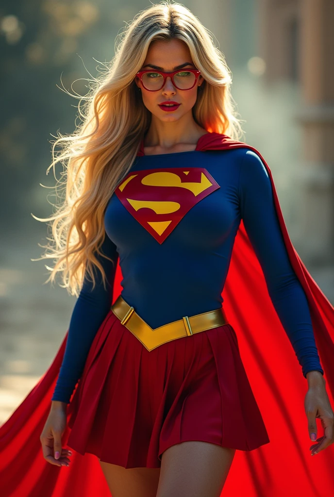 A SEXY AND BUSTY FEMALE WITH FRECKLES, BLONDE SILKY SMOOTH HAIR, AND SEXY GLASSES WEARING A SPANDEX 1984 BLUE SUPERGIRL COSTUME COMEPLETE WITH A LONG READ PLEATED SKIRT WITH A YELLOW SUPERGIRL BELT, A PAIR OF RED HEELED BOOTS WITH YELLOW TRIM, AND A LONG FLOWING RED CAPE WITH THE GOLD "S" EMBLEM. RED LIPSTICK, RED FINGERNAILS. INCREDIBLY DETAILED GLOWING SKIN, INCREDIBLEY DETAILED FACE, INCREDIDBLEY DETAILED CLOTHING, TEXTURED SKIN PORES, TEXTURED HAIR, 8K ABSURD RESOLUTION, MASTERPIECE. PHOTO REALSITIC, HYPER REALISTIC. MYSTICAL BACKGROUND. 16K RESOLUTION. PREFESSIONAL GRADE IMAGE.