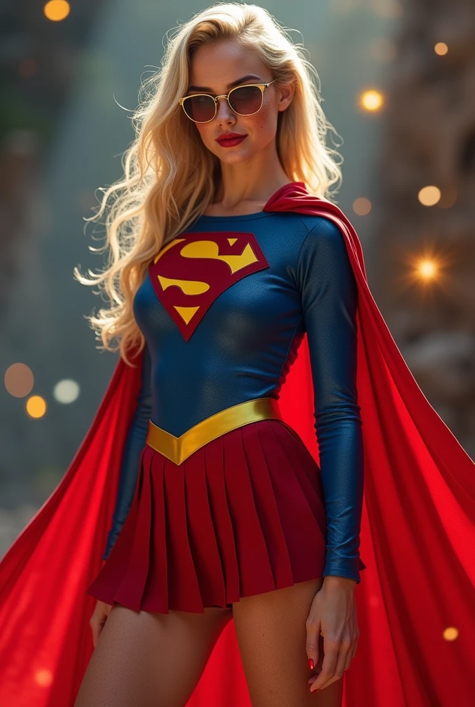 A SEXY AND BUSTY FEMALE WITH FRECKLES, BLONDE SILKY SMOOTH HAIR, AND SEXY GLASSES WEARING A SPANDEX 1984 BLUE SUPERGIRL COSTUME COMEPLETE WITH A LONG READ PLEATED SKIRT WITH A YELLOW SUPERGIRL BELT, A PAIR OF RED HEELED BOOTS WITH YELLOW TRIM, AND A LONG FLOWING RED CAPE WITH THE GOLD "S" EMBLEM. RED LIPSTICK, RED FINGERNAILS. INCREDIBLY DETAILED GLOWING SKIN, INCREDIBLEY DETAILED FACE, INCREDIDBLEY DETAILED CLOTHING, TEXTURED SKIN PORES, TEXTURED HAIR, 8K ABSURD RESOLUTION, MASTERPIECE. PHOTO REALSITIC, HYPER REALISTIC. MYSTICAL BACKGROUND. 16K RESOLUTION. PREFESSIONAL GRADE IMAGE.