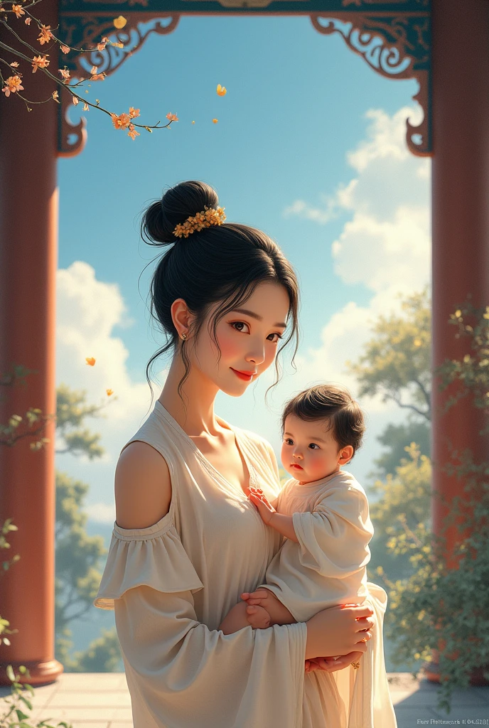 {{masterpiece, Best Quality, Extremely detailed CG, unity wallpaper 8k, cinematic lighting}}, traditional chinese ink painting, 1 girl, 1baby, young woman holding a , Whole body, ancient architecture, blue sky, sunny day, wooden architecture, prominent protagonist, smile, large eyes, beautiful detailed eyes, (big breasts, neckline), round ass, Looking at the audience, long eyelashes,