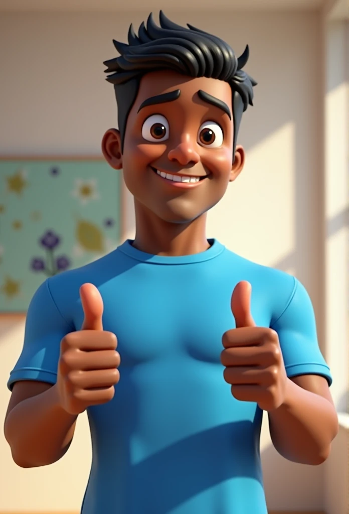 Cartoon character of a man 40 years old full body dark skin black hair short hair blue shirt hairstyle, an animated character, stylized character, animation style rendering, 3d stylized, Arnold Maya rendering, Stylized 3D rendering, toon render screenshot, 3d character, 3d character, Stylized 3D rendering, 3D character rendering, cartoon character, character posing, (Pixar-style) (master part:1.2) (bokeh) (best qualityer) (skin detailed) (detailed texture) (8k) (Argilla) (cinematic lighting) (sharp focus,standing full body making a thumbs up sign with both hands