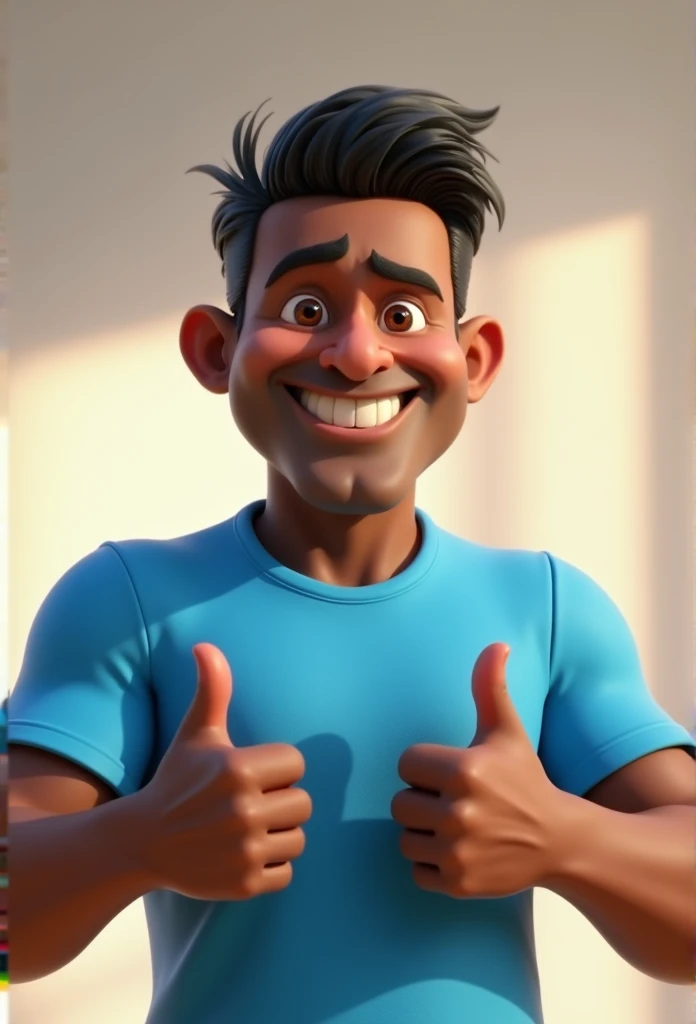 Cartoon character of a man 40 years old full body dark skin black hair short hair blue shirt hairstyle, an animated character, stylized character, animation style rendering, 3d stylized, Arnold Maya rendering, Stylized 3D rendering, toon render screenshot, 3d character, 3d character, Stylized 3D rendering, 3D character rendering, cartoon character, character posing, (Pixar-style) (master part:1.2) (bokeh) (best qualityer) (skin detailed) (detailed texture) (8k) (Argilla) (cinematic lighting) (sharp focus，standing full body making a thumbs up sign with both hands

