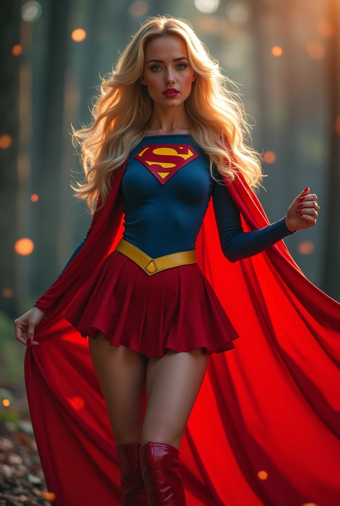 A SEXY AND BUSTY FEMALE WITH FRECKLES, BLONDE SILKY SMOOTH HAIR, AND SEXY GLASSES WEARING A SPANDEX 1984 BLUE SUPERGIRL COSTUME COMEPLETE WITH A LONG READ PLEATED SKIRT WITH A YELLOW SUPERGIRL BELT, A PAIR OF RED HEELED BOOTS WITH YELLOW TRIM, AND A LONG FLOWING RED CAPE WITH THE GOLD "S" EMBLEM. RED LIPSTICK, RED FINGERNAILS. INCREDIBLY DETAILED GLOWING SKIN, INCREDIBLEY DETAILED FACE, INCREDIDBLEY DETAILED CLOTHING, TEXTURED SKIN PORES, TEXTURED HAIR, 8K ABSURD RESOLUTION, MASTERPIECE. PHOTO REALSITIC, HYPER REALISTIC. MYSTICAL BACKGROUND. 16K RESOLUTION. PREFESSIONAL GRADE IMAGE.