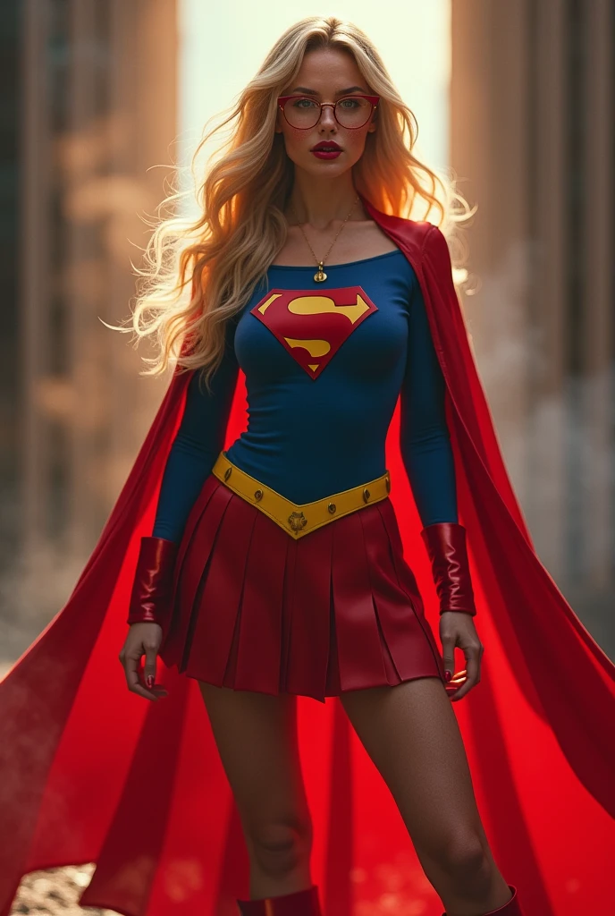 A SEXY AND BUSTY FEMALE WITH FRECKLES, BLONDE SILKY SMOOTH HAIR, AND SEXY GLASSES WEARING A SPANDEX 1984 BLUE SUPERGIRL COSTUME COMEPLETE WITH A LONG READ PLEATED SKIRT WITH A YELLOW SUPERGIRL BELT, A PAIR OF RED HEELED BOOTS WITH YELLOW TRIM, AND A LONG FLOWING RED CAPE WITH THE GOLD "S" EMBLEM. RED LIPSTICK, RED FINGERNAILS. INCREDIBLY DETAILED GLOWING SKIN, INCREDIBLEY DETAILED FACE, INCREDIDBLEY DETAILED CLOTHING, TEXTURED SKIN PORES, TEXTURED HAIR, 8K ABSURD RESOLUTION, MASTERPIECE. PHOTO REALSITIC, HYPER REALISTIC. MYSTICAL BACKGROUND. 16K RESOLUTION. PREFESSIONAL GRADE IMAGE.