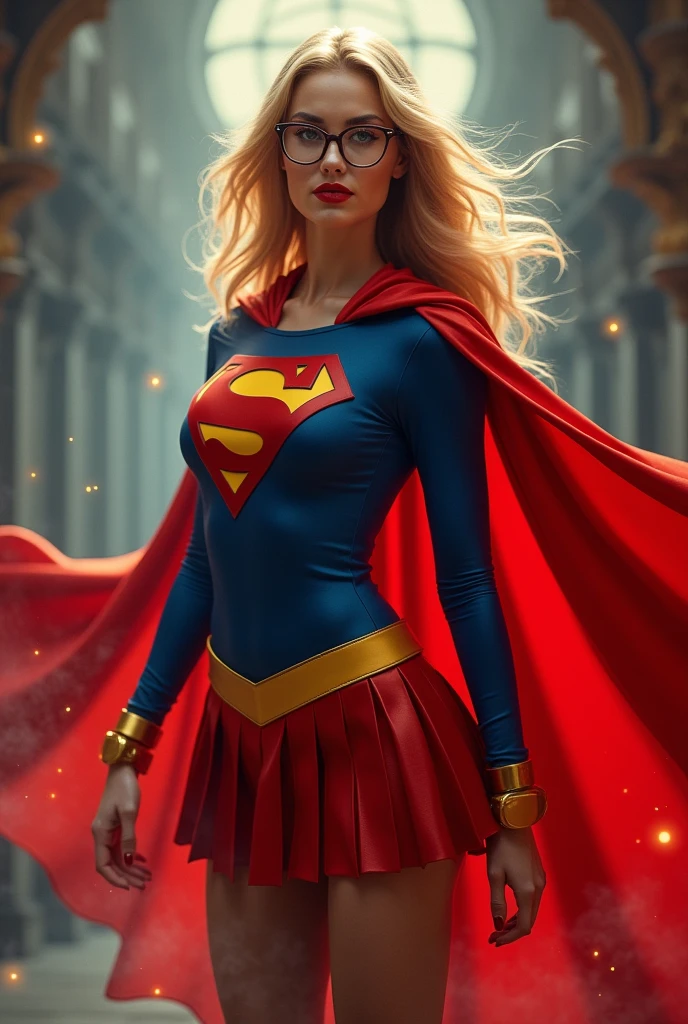 A SEXY AND BUSTY FEMALE WITH FRECKLES, BLONDE SILKY SMOOTH HAIR, AND SEXY GLASSES WEARING A SPANDEX 1984 BLUE SUPERGIRL COSTUME COMEPLETE WITH A LONG READ PLEATED SKIRT WITH A YELLOW SUPERGIRL BELT, A PAIR OF RED HEELED BOOTS WITH YELLOW TRIM, AND A LONG FLOWING RED CAPE WITH THE GOLD "S" EMBLEM. RED LIPSTICK, RED FINGERNAILS. INCREDIBLY DETAILED GLOWING SKIN, INCREDIBLEY DETAILED FACE, INCREDIDBLEY DETAILED CLOTHING, TEXTURED SKIN PORES, TEXTURED HAIR, 8K ABSURD RESOLUTION, MASTERPIECE. PHOTO REALSITIC, HYPER REALISTIC. MYSTICAL BACKGROUND. 16K RESOLUTION. PREFESSIONAL GRADE IMAGE.