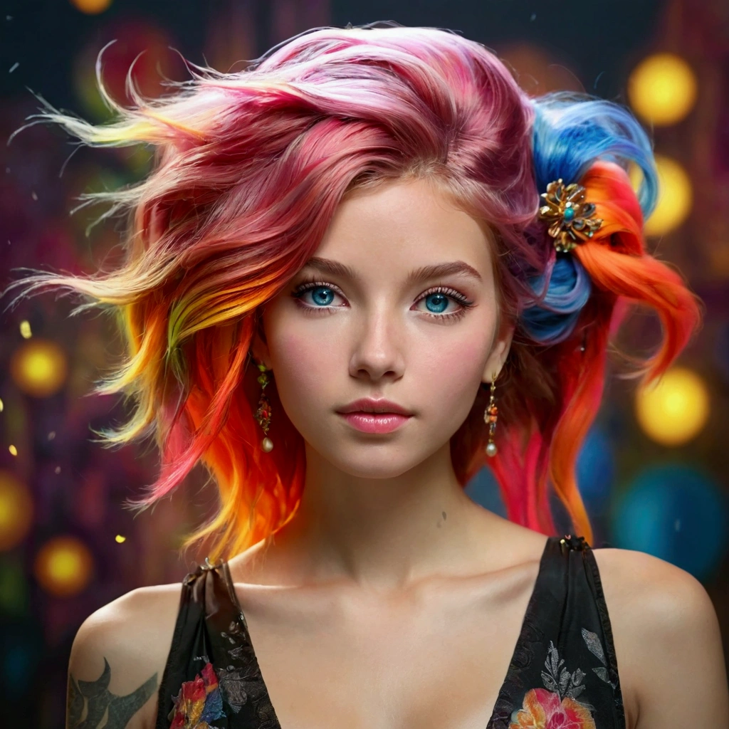 a beautiful woman with long, colorful hair, detailed face, detailed eyes, full lips, detailed facial features, delicate skin, elegant posture, complex elaborate hairstyle, colorful highlights in hair, intricate hair ornaments, decorative hair accessories, high fashion attire, complex elegant dress, detailed fabric textures, dramatic lighting, cinematic camera angle, photorealistic, 8k, hyper detailed, masterpiece, professional studio lighting, vivid colors, realistic