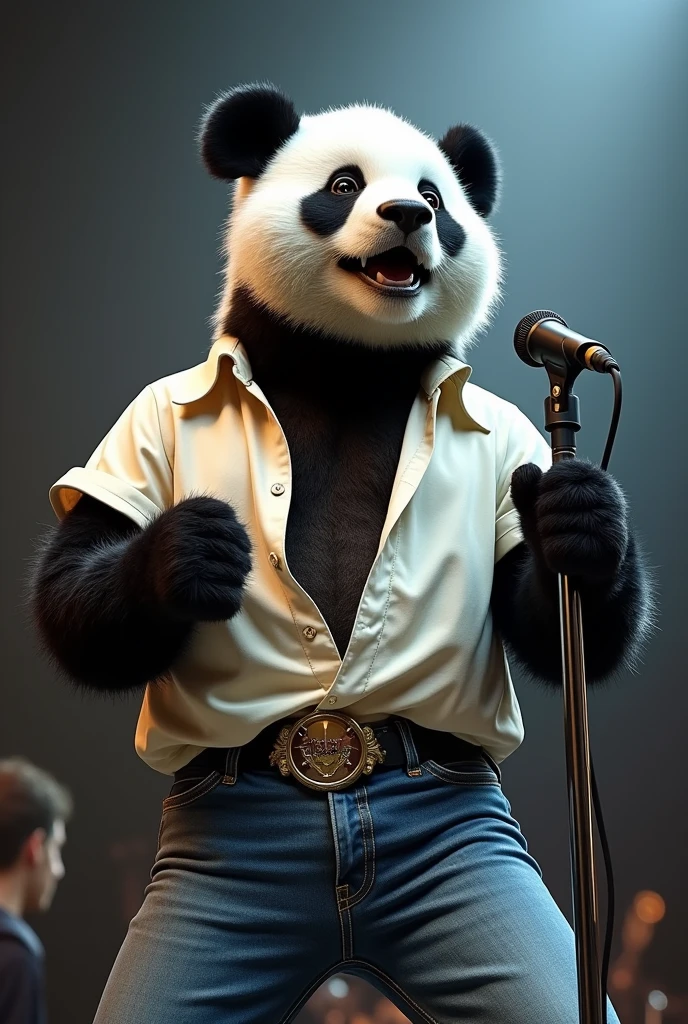 Help me with a semi-realistic image of singer Freddy Mercury but as a panda. His face as if he were singing. Characteristic clothing from one of his concerts, He was wearing a white buttonless shirt, simple and blue jean, His clothes were simple, not ostentatious. And always with a microphone in hand. He had a mustache.