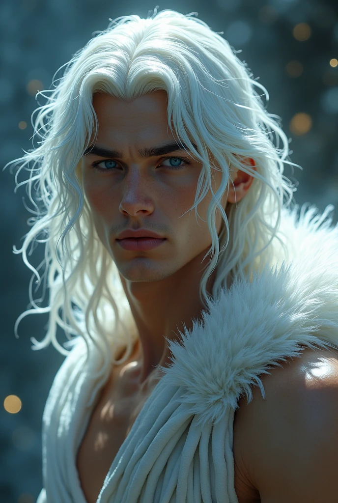 man who is 20 years, white race, masculine features, the most beautiful man, long white hair, hunting dark blue eyes, angel beauty, angel, eyes hunting, hot body, sexy, passionate 