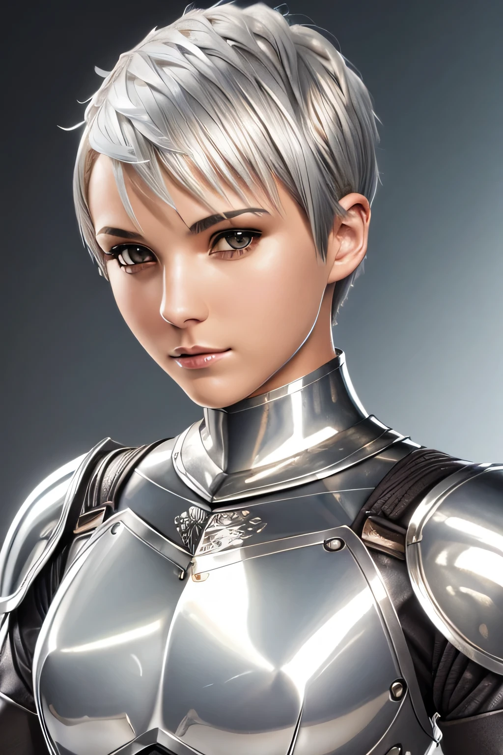 Highest quality,Highest Resolution,(((Metallic shiny armor Silver Hair Short Hair))) knight expressionless flat chest woman cool
