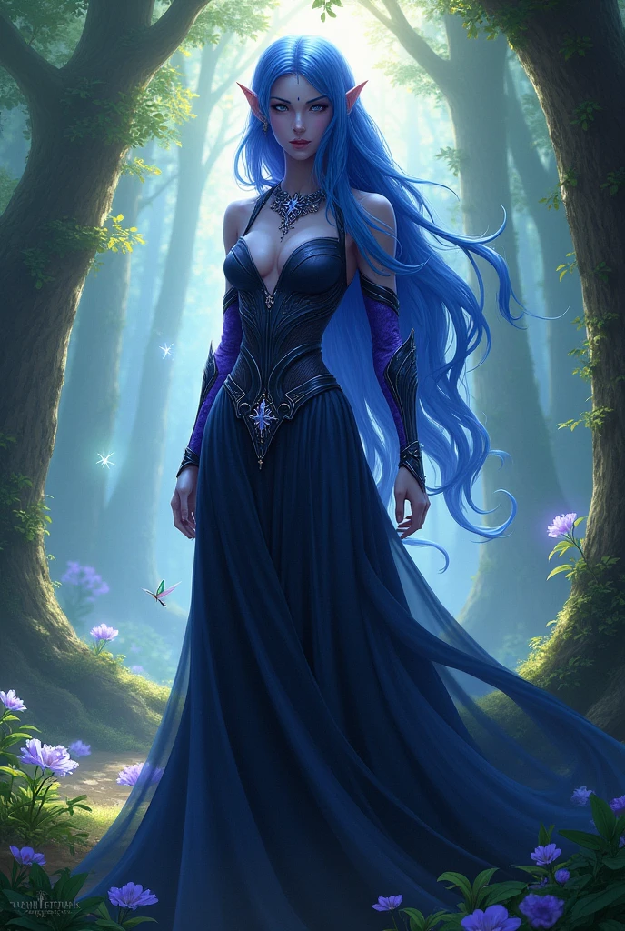 dnd woman character , dark elf , big  , blue hair color , soft purple skin color , fairy , fairy atmosfer In the forest 