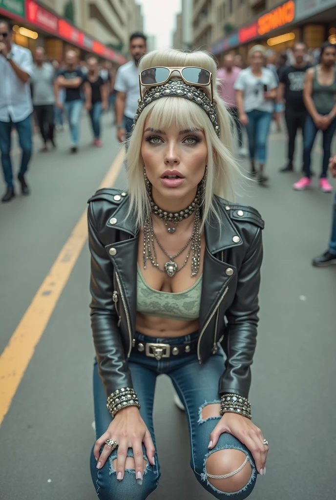 russian old milf woman, blonde platinum hair (beehive bun) and oversized square sunglasses as headband), with very light green eyes, extremely pale. Wearing studded, padded shoulders,  cropped black moto jacket (zippers on the sides, skull patches on the sleeves), green shiny satin push up bra, dark skinny low rise blue jeans with patched holes on knees .White tennis sneakkers. Lots of thick wide studded  bracelets, chain collars and big rings. Tacky wide studded leather belt with big eagle oval buckle. Long earrings with chains. Kneeling, craving for the ice cream of the photographer. Tip of the tongue out. Hands on knees. Looking at the camera, Toned abdominals, thin neck, slim legs and thin arms. Narrow hips. Heavily tattooed. Crowded street of Saudi Arabia