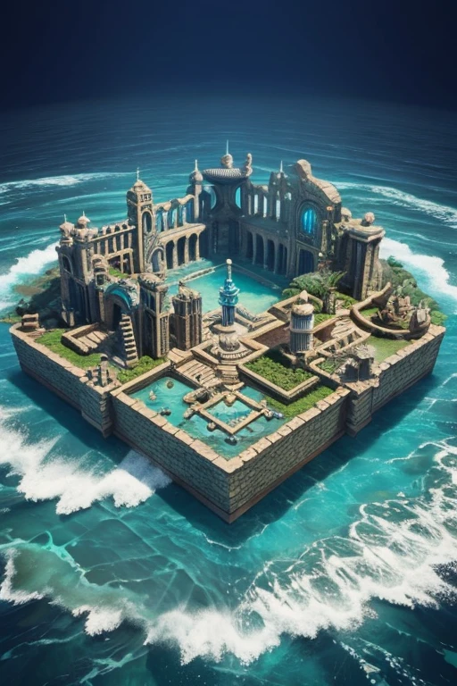 miniature isometric world render, Lost city of Atlantis, chaotic ocean, detailed