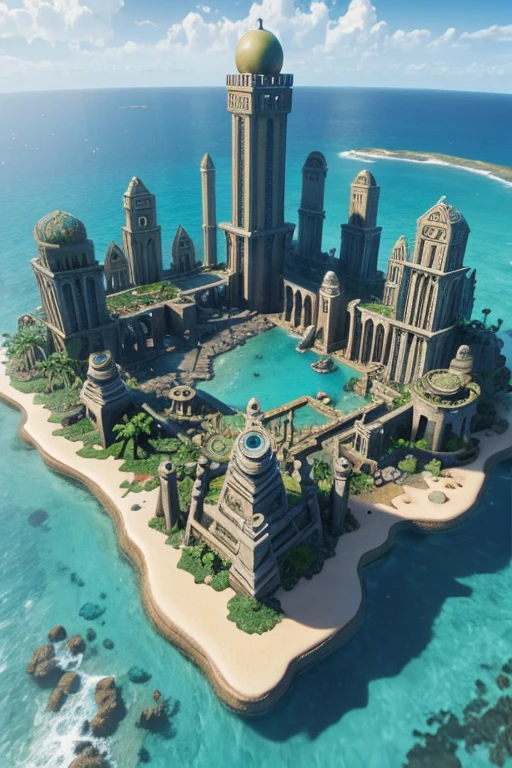 miniature isometric world render, Lost city of Atlantis, chaotic ocean, detailed