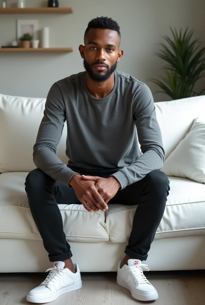 best qualityer:1.4), (ultra high resolution:1.2), (photorrealistic:1.4), (8k, CRU photo:1.2), a thin young man of 20 years old, skin black, with a smooth, beardless face, buzzcut haircut short on sides and top, is wearing black jeans. Gray long sleeve shirt. white Nike sneakers. He is sitting on a white sofa in a living room. Buzzcut haircut with a little volume on top. Thin arms without weight training