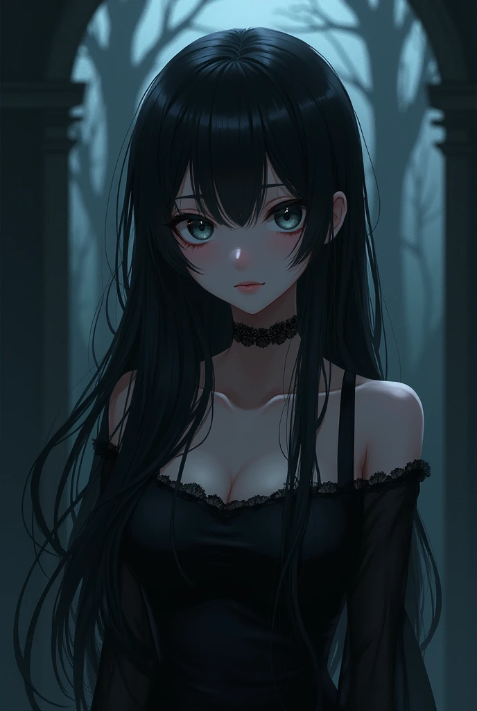 Make a beautiful girl in the world of anime in a very dark style with long black hair, make her very pretty and make her against a very dark background in the anime style.