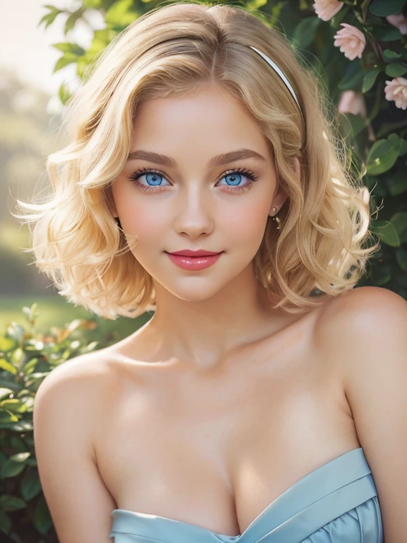 (Masterpiece), (best quality), (realistic), (Beautiful+(feminine)+((lovely))+innocent), Blonde short curly hair, (crystal blue eyes), beautiful eyes, almond eyes, happy eyes, 40 years, (feminine curves), (round cheeks), dimples, rounded chin, (adoration expression), small nose, 160cm, smiling, red lips, wearing a beautiful strapless dress, headshot