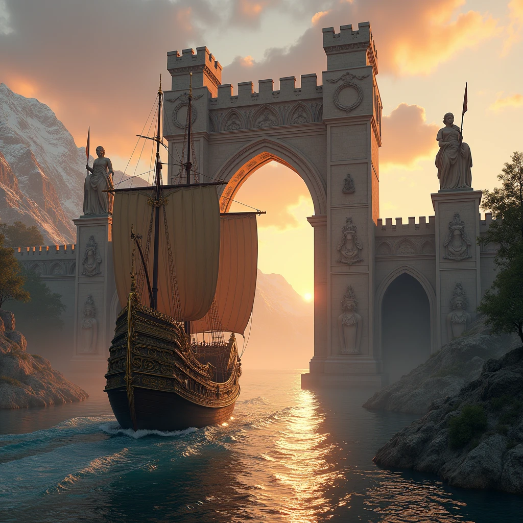 Make me an ultra realistic image. Make a large boat sail towards the entrance of a medieval city. Make two giant statues representing the goddess Athena and the god Ares, at the entrance of the kingdom. Sunset over several mountains.