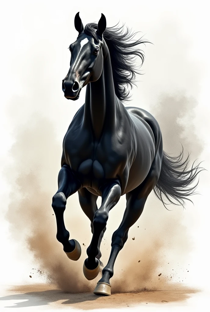 Create a strong all black complete horse, with thick neck, sprinting, no white spots, as realistic as possible, behind watercolor stains