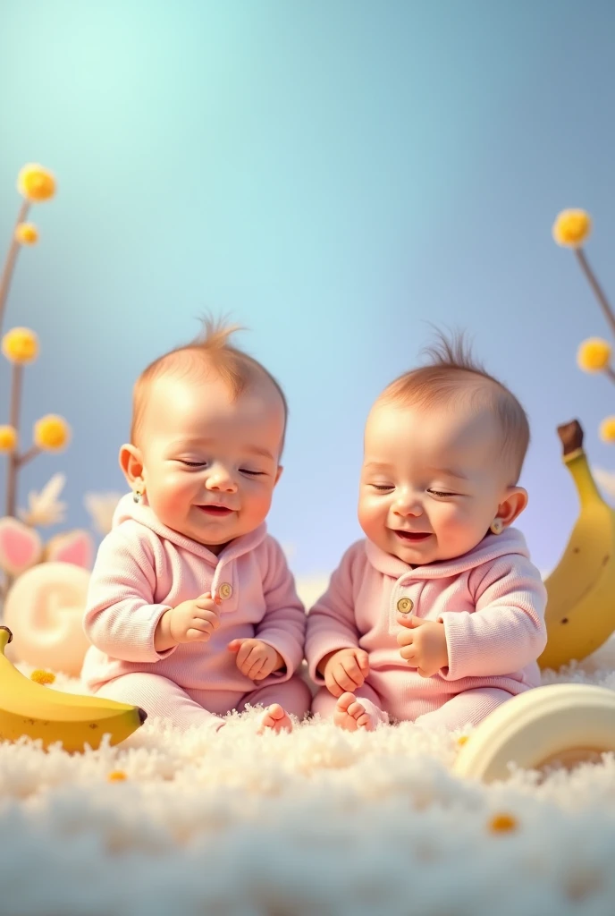 I want a photo with two babies and a banana on the side with a light blue and purple background