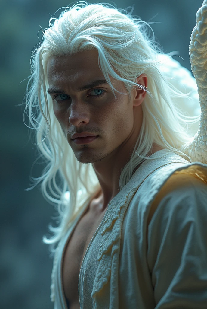 man who is 20 years, white race, masculine features, the most beautiful man, long white hair, hunting dark blue eyes, angel beauty, angel, eyes hunting, hot body, sexy, passionate