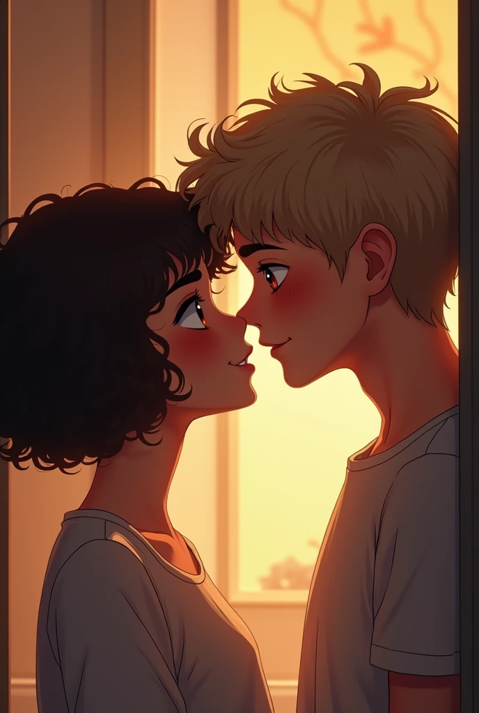 white girl with very curly short brown hair kissing a cute nerd with almost blonde hair