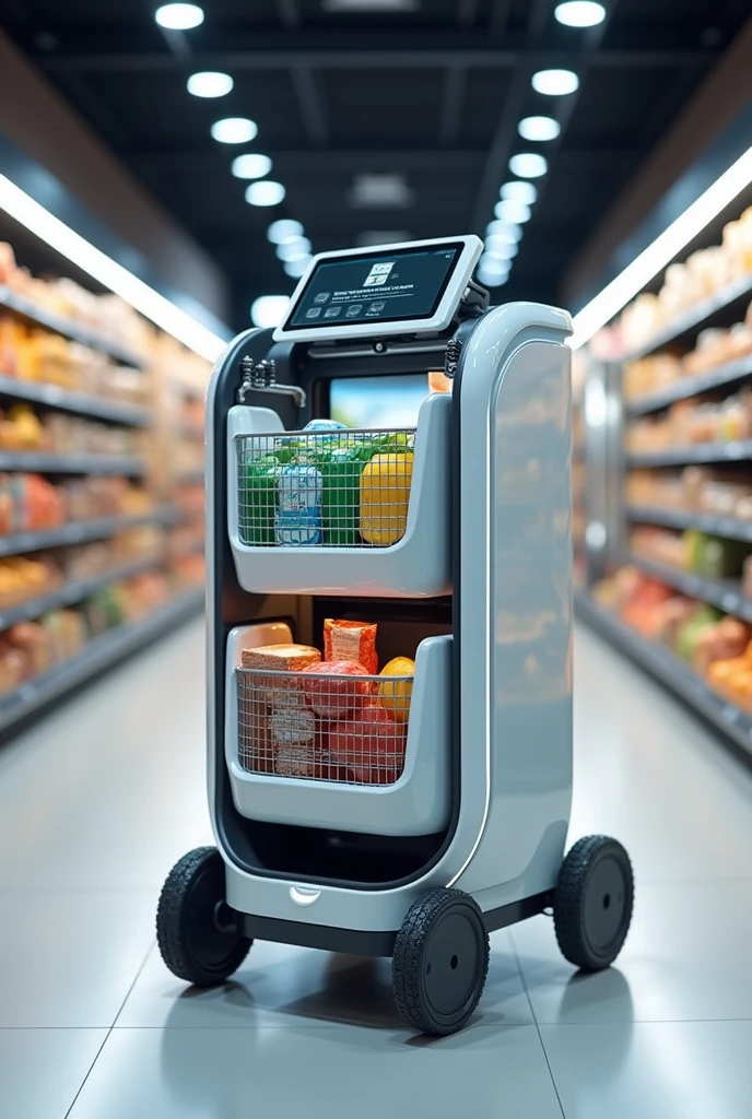 Double-decker shopping cart that follows you, with a small touch screen, two claws that grabs the products you put on the screen and bags the products