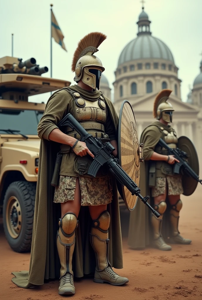image of the roman army in the 21st century mix the armor of the roman soldier with a camouflage helmet with the beige crest modern tactical vest camouflage uniform characteristic of the 21st century military boot camouflage greaves in the roman style with camouflage cloak with a rifle and others with a new version of the military shield next to a roman military vehicle with the church of rome in the background