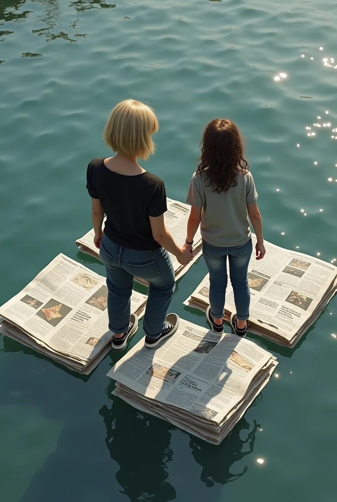 a raft made with three newspapers and two people on top, a person with short straight dark blonde hair and one with long curly brown hair (two women), the blonde is wearing a black blouse, dark blue cargo pants and black sneakers with three white stripes. and the one with brown hair is wearing a gray blouse, jeans and a pair of sneakers