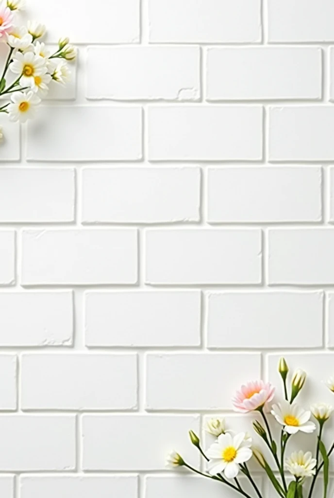 wall of complete white bricks with hooks on the sides and flowers