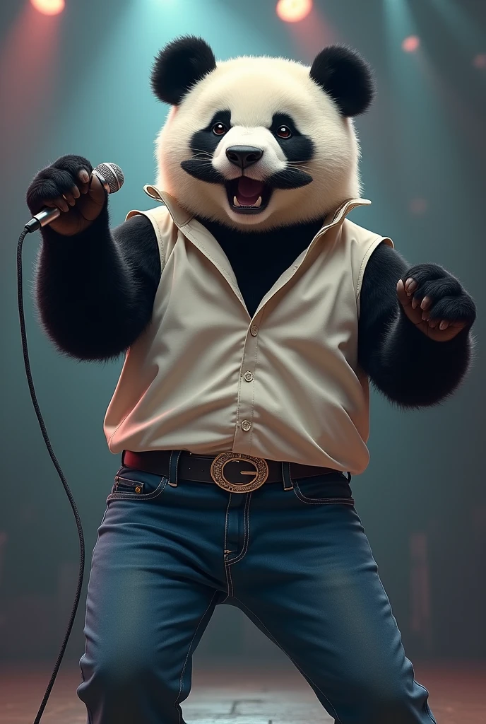 Help me with a semi-realistic image of singer Freddy Mercury but as a panda. His face as if he were singing. Characteristic clothing from one of his concerts, He was wearing a simple, buttonless, white Vividi and blue jeans, His clothes were simple, not ostentatious. His belt was black and thin. And always with a microphone in hand. He had a mustache. 