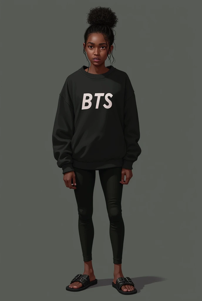 The person in the picture has dark skin, rounded face and has an expression of slight discomfort or confusion. His eyes are slightly half-closed and his lips are slightly pursed., like you're questioning something. Hair is tied in a high bun, giving a practical and casual look. She is wearing a black sweatshirt with the brand "BTS" in the spotlight, suggesting that he is a fan of the K-pop group. The tight black pants and sandals complete a comfortable and relaxed look.. Her posture is straight and relaxed..