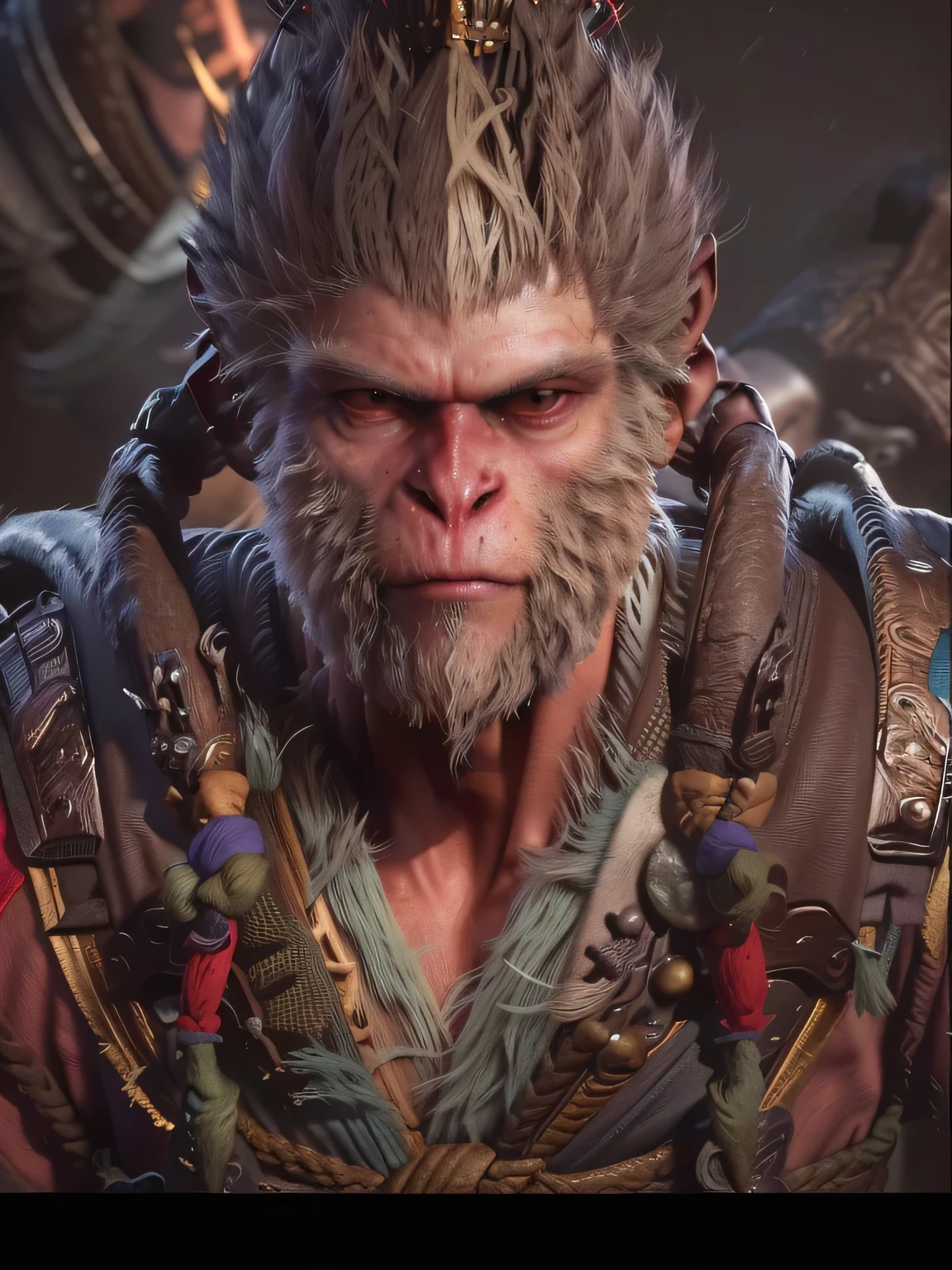 a close-up of a man with a very strange hairstyle, wukong, sun wukong, monkey king, humanoid ape fantasy race, inspired by Li Kan, marmoset rendering, 4k concept art and hyperrealism, 3d monkey shaman profile portrait, inspired by Hu Zaobin, Amazing 8K character concept art