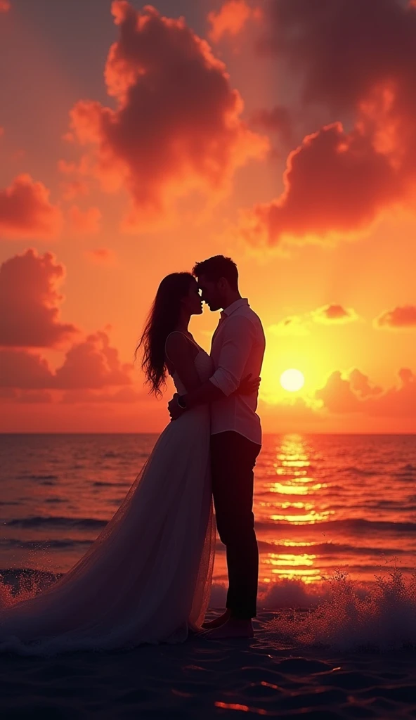 A warm sunset over the ocean, with a couple in silhouette, hugging or kissing. The sunset symbolizes passion and tranquility, central themes in "kiss me".