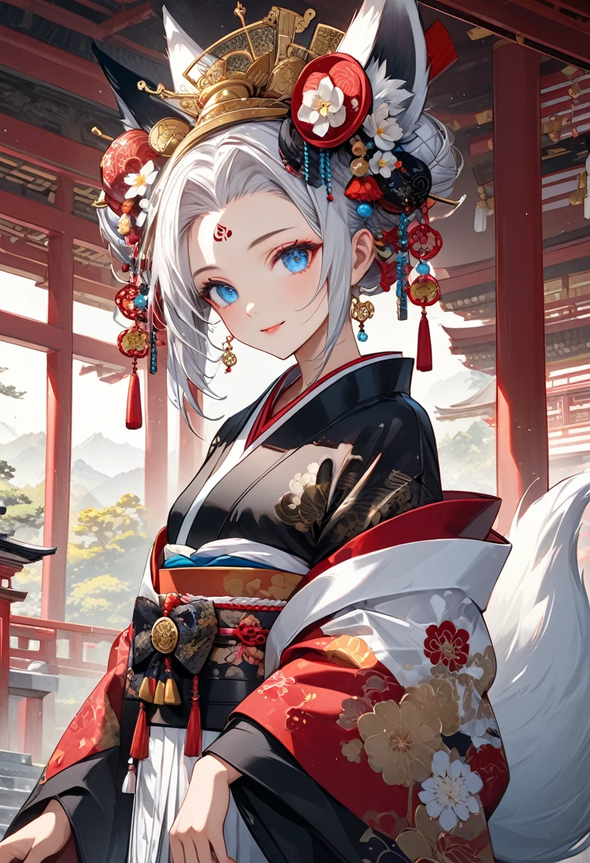 Ink painting, (((1 girl))), (((Tattoo in the middle of the forehead))),(((In the background is the Akatsuki moon))), (((Oiran))), (((Great hair accessories))), Demon possession, ((Masterpiece:1.2)), ((Highest quality)), Extremely detailed and delicate illustration style, Detailed leather texture, Detailed canvas texture, Very detailed description, (Masterpiece T), Extremely beautiful illustration, Highly detailed face, Raw image, professional, Ultra-high resolution panel, Complex details, Superior detail, Intricate decoration details, Perfect anatomy, real, (Very beautiful and cute black and white colored fox woman or girl with blue eyes wearing kimono), ((Fox ears black hair, White hair, the beautiful)), (Beautiful black and white colored fox tail), (Beautiful shiny black and white colored hair), (Beautiful and clear blue eyes), (Beautiful detailed eyes:1.6), (Traditional black and white detailed costume), Front view, White flower kimono, Black white colorful hakama long skirt, A maxi skirt, Modestly dressed, He smiles, ((Standing and looking at me)), ((The day)), (Extremely detailed and beautiful Japanese temple construction), (8K Highest quality wallpaper), (Extremely detailed and delicate background)