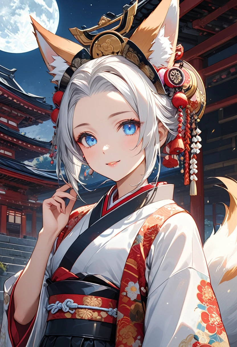 Ink painting, (((1 girl))), (((Tattoo in the middle of the forehead))),(((In the background is the Akatsuki moon))), (((Oiran))), (((Great hair accessories))), Demon possession, ((Masterpiece:1.2)), ((Highest quality)), Extremely detailed and delicate illustration style, Detailed leather texture, Detailed canvas texture, Very detailed description, (Masterpiece T), Extremely beautiful illustration, Highly detailed face, Raw image, professional, Ultra-high resolution panel, Complex details, Superior detail, Intricate decoration details, Perfect anatomy, real, (Very beautiful and cute black and white colored fox woman or girl with blue eyes wearing kimono), ((Fox ears black hair, White hair, the beautiful)), (Beautiful black and white colored fox tail), (Beautiful shiny black and white colored hair), (Beautiful and clear blue eyes), (Beautiful detailed eyes:1.6), (Traditional black and white detailed costume), Front view, White flower kimono, Black white colorful hakama long skirt, A maxi skirt, Modestly dressed, He smiles, ((Standing and looking at me)), ((The day)), (Extremely detailed and beautiful Japanese temple construction), (8K Highest quality wallpaper), (Extremely detailed and delicate background)