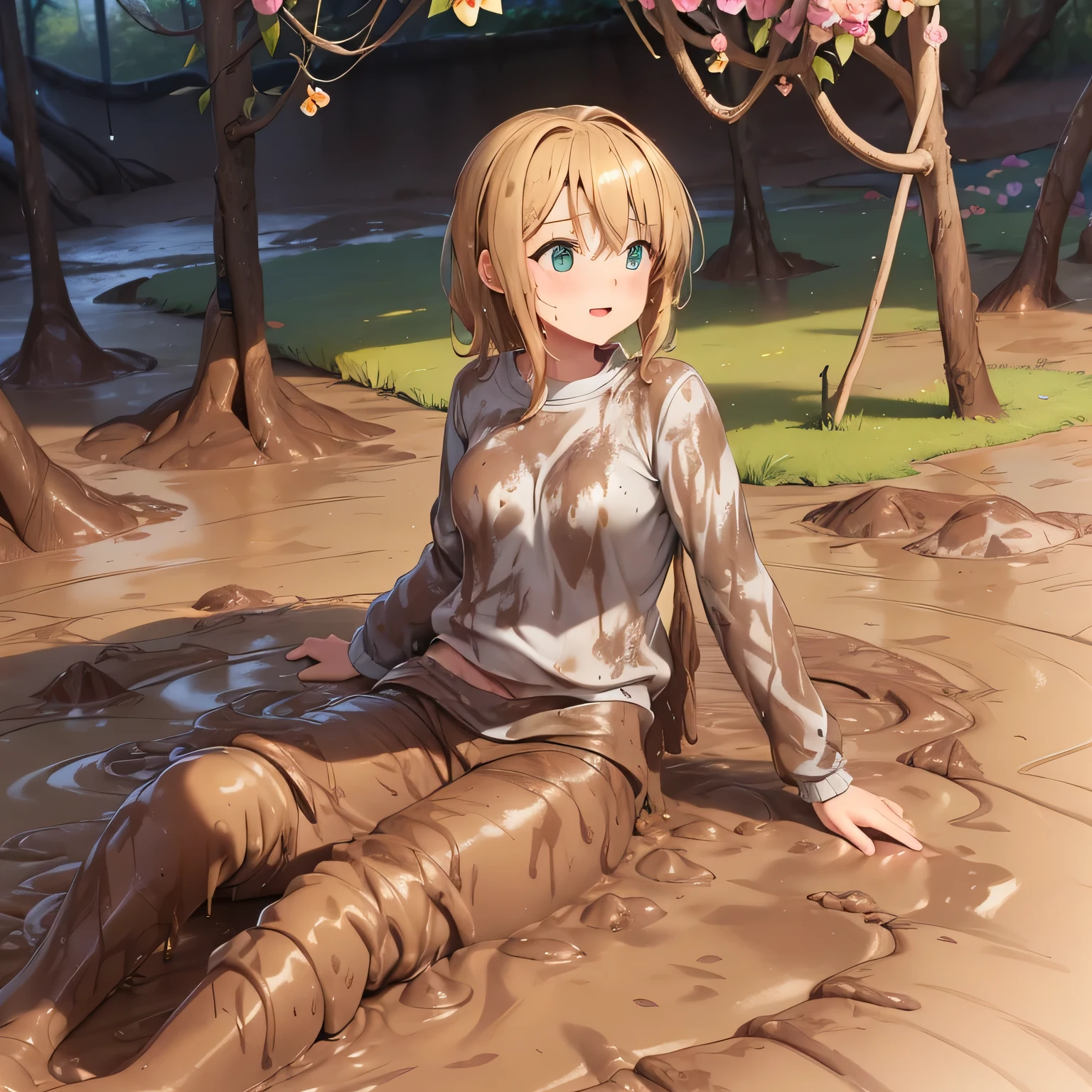 1girl, natural lighting, masterpiece, highly detailed, illustration, game CG, absurdres, high quality, (18 year old girl), (small breasts), beautiful detailed eyes, glossy lips, natural lighting, short fluffy blonde hair, messy hair, green eyes, wearing pink sweatshirt and blue sweatpants, smilimg, happy, satisfied, partially submerged until her waist, (muddy clothes:1.6), (mud dripping off clothes:1.6), sitting on a rock in a small and deep muddy creek in a deep forrest, (playing with a rubber duck:1.2), (in the background there is a meadow with flowers:1.4)