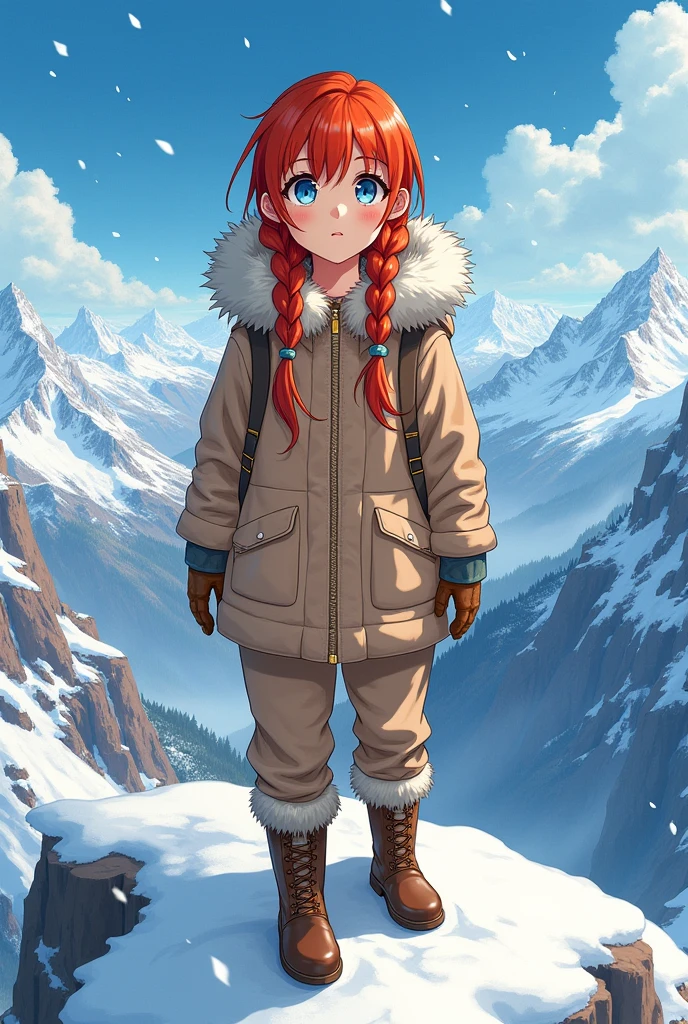 Redhead girl with blue eyes, with two braids behind her head, an Eskimo-style suit with big leather boots, on a snowy mountain with a great view, manga style.