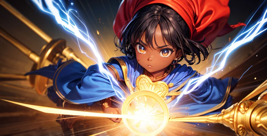 Pixar 3d Create an illustration of a young African child warrior with a powerful, confident stance. The child should have dark skin, wearing traditional African-inspired attire, including a red headscarf and a matching red tunic with golden accents. The warrior is holding a magical staff that emits bright blue lightning. The background should be simple, focusing attention on the child and the glowing blue energy surrounding the staff