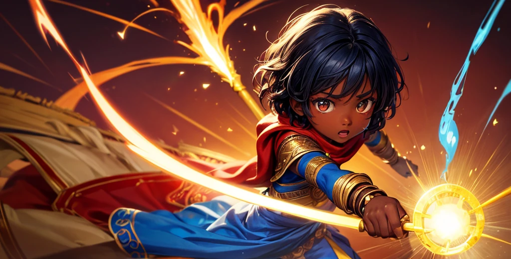 Pixar 3d Create an illustration of a young African child warrior with a powerful, confident stance. The child should have dark skin, wearing traditional African-inspired attire, including a red headscarf and a matching red tunic with golden accents. The warrior is holding a magical staff that emits bright blue lightning. The background should be simple, focusing attention on the child and the glowing blue energy surrounding the staff