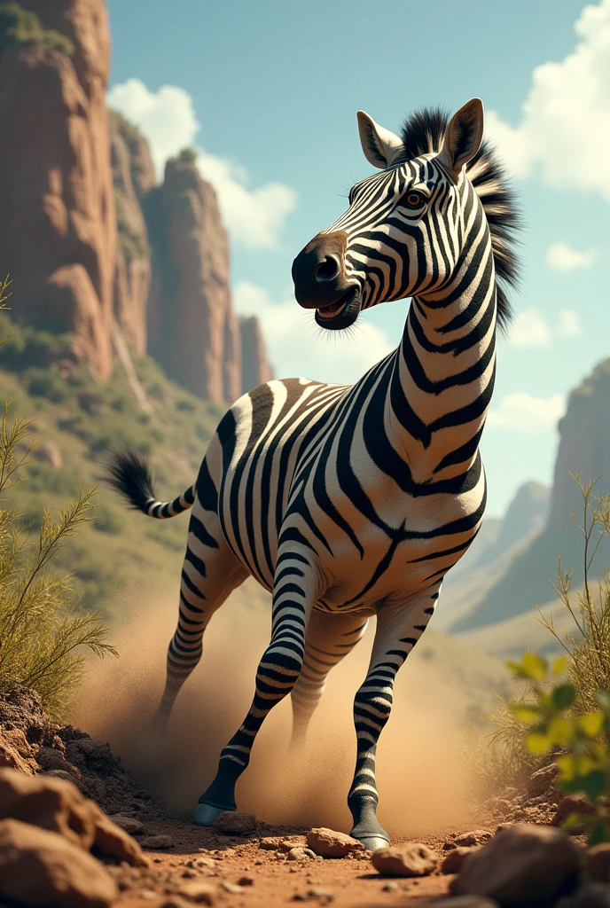 I want the image of a zebra tripping and falling to the ground, with a wild background